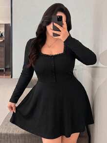 Vibekara Autumn New Casual Slim Fit Waist-Cinching Flattering Black Solid Color Plus Size Dress Fall - Black - View 1