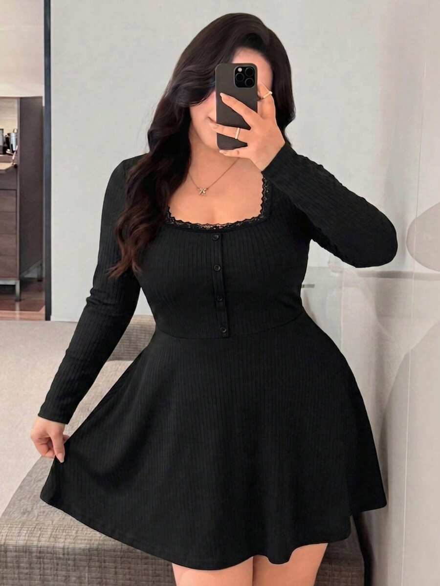 Vibekara Autumn New Casual Slim Fit Waist-Cinching Flattering Black Solid Color Plus Size Dress Fall - Black - View 1