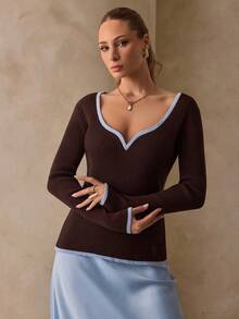 SHEIN Brown And Blue Contrast Trim Deep V-Neck Ribbed Knit Top Fitted Long Sleeve Slim Silhouette Chic Casual Sexy Basic Pullover Night Autumn Holiday Work - Brown - View 3