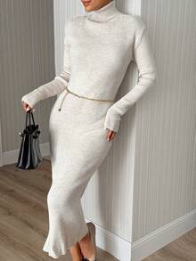 SHEIN Women Solid Color Ribbed Bodycan Sweater Dress - Grey - View 6