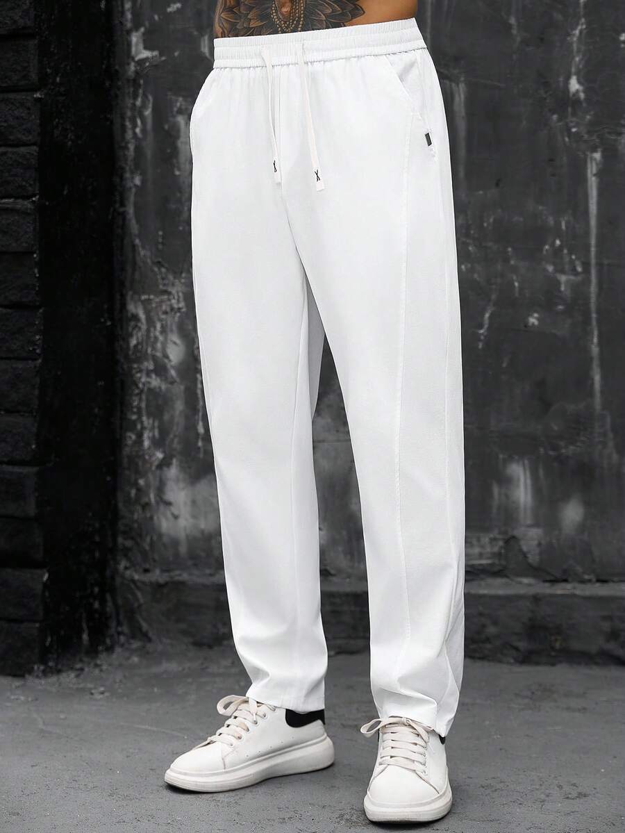 SLATEMANN Men's Solid Color Drawstring Waist Pocket Casual Pants - White - View 1