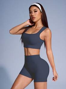 SHEIN Sovereign Charm 女款素色羅紋運動背心與短褲套裝 - Iron Gray - 查看 5