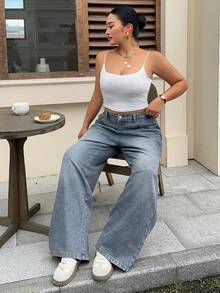 Dazy Plus Washed Distressed Loose Street Style Long Wide Leg Jeans, Blogger Casual Versatile Outing Grey Plus Size Women All Season Autumn New Arrival - Grey - View 4