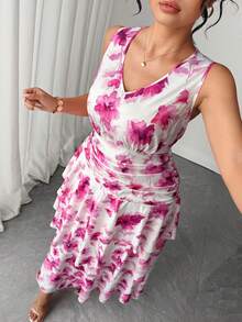 SHEIN LUNE CURVE Gaun Wanita Ukuran Plus Berlapis-lapis dengan Motif Bunga Tanpa Lengan untuk Musim Semi/Panas, Cocok untuk Pernikahan, Liburan, Kencan, Malam Formal, Serba Putih, Elegan dan Glamor - Berwarna merah muda - View 7