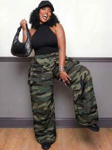 Slaydiva Plus Size Women's Camouflage Casual Versatile Everyday Travel Long Pants Fall - Green - View 6