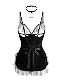 Spicy Aura 3pcs Sexy Hollow Out Ruffled Women's Lingerie Set - Black and White - View 7