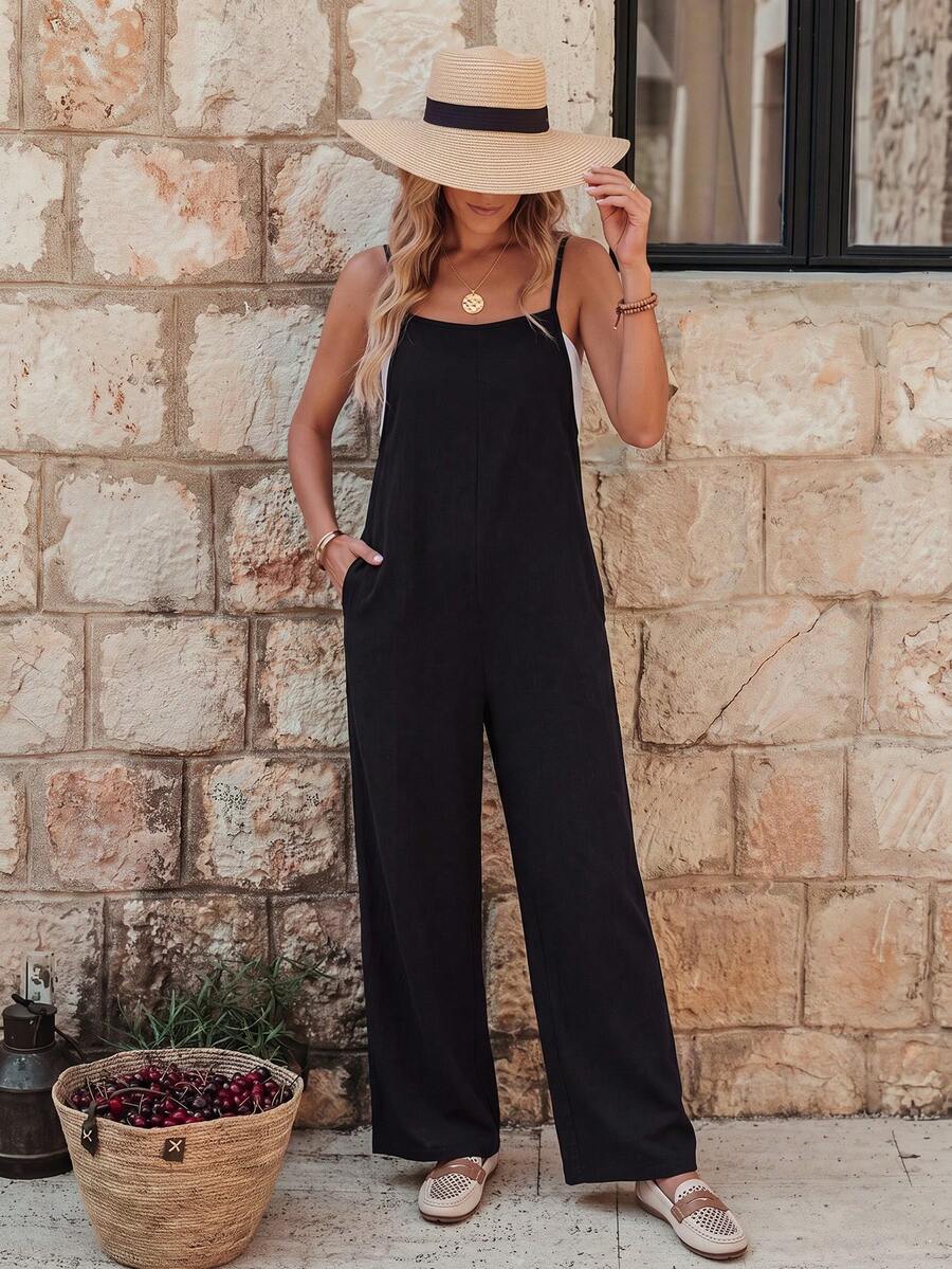 EMERY ROSE Solid Color Spaghetti Strap Wide Leg Jumpsuit For Vacation & Leisure - Black - View 1