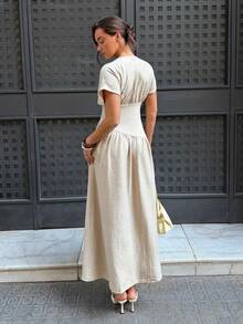 Siren Gaze Short Sleeve Deep V-Neck Pleated Dress, Summer Casual Minimalist Tropical Style, Suitable For Daily Vacation Gatherings, Wedding Guest, Elegant Beige - Apricot - View 3