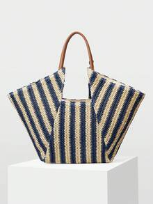 MOTF WOMEN'S FASHION BLUE STRIPED TOTE BAG, CASUAL VACATION WOVEN HANDBAG FOR VACATION, TRAVEL, SEASIDE, BEACH, BOHEMIA - Royal Blue - View 4
