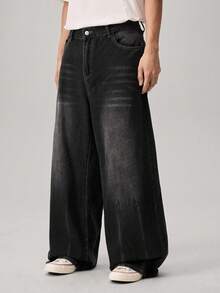 Men's Casual Washed Slant Pocket Loose Fit Jeans - Black - View 4