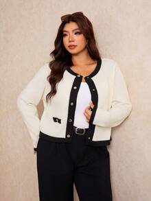 Elaquor Plus Size Autumn/Winter Casual Elegant Contrast Trim Cardigan Office Formal Black And White - Apricot - View 4