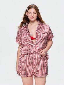 Bonmuse Plus Size Women Bowknot Striped Print Short Sleeve Shorts Pajama Set - Red - View 1