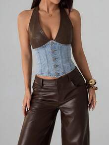 SHEIN Tall Women's Color Block Halter Neck Denim Corset Top - Light Wash - View 6