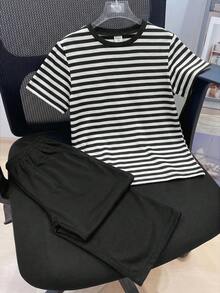 SHEIN 2件組兒童青少年男孩黑色條紋短袖上衣與長褲運動褲套裝，休閒校園風，舒適簡約實用，柔軟面料 - 黑色 - 查看 4