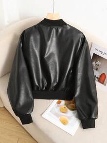 SHEIN Teen Girl PU Leather Casual Street Style Baseball Jacket , Fall/Winter - Black - View 3