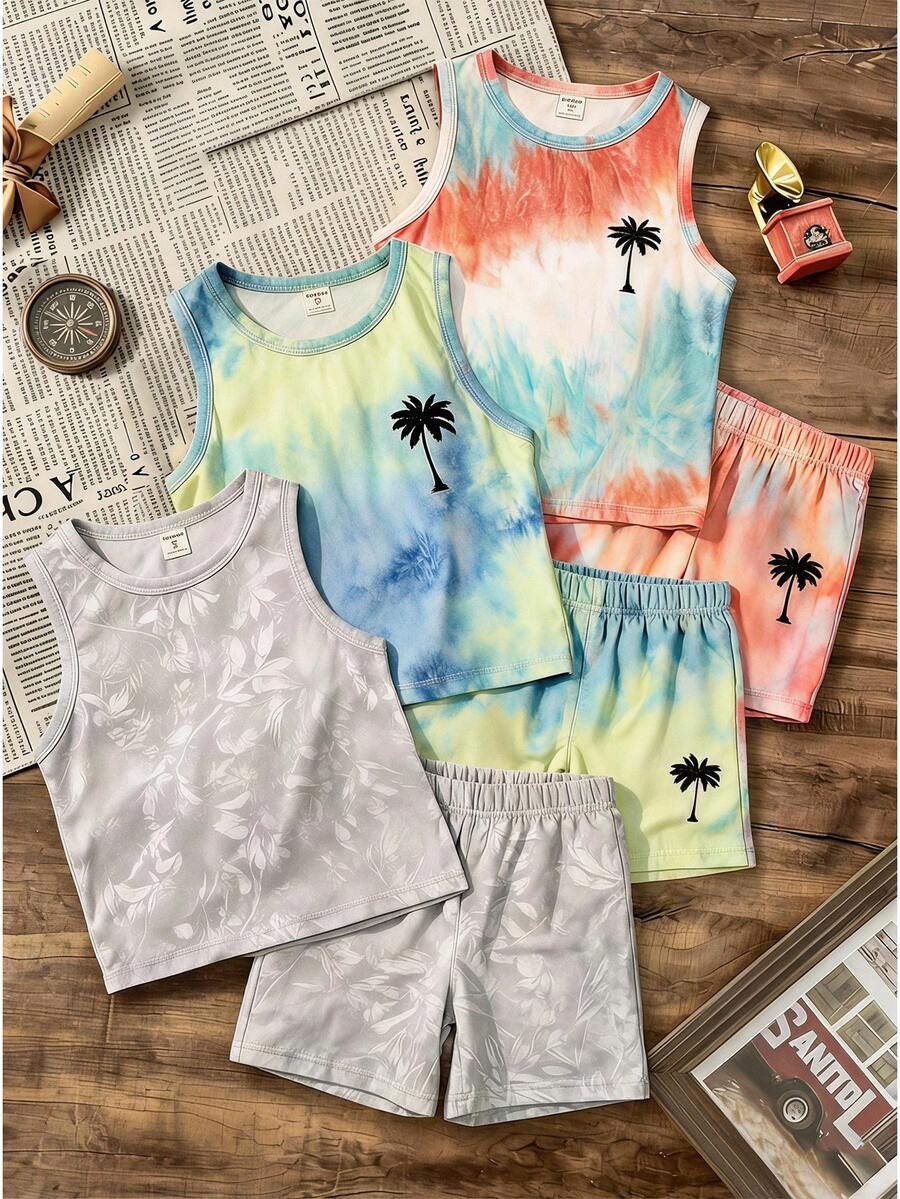 Kids Young Boy Casual Minimalist Short Sleeve 2 Pieces Set Suitable For Summer And Fall Matching Set Graphic Tank Top Vacation Boho Sports Street