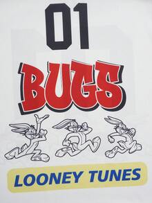 LOONEY TUNES X SHEIN Men's Letter Print V-Neck Short Sleeve T-Shirt Retro Color-Block Jersey - White - View 6