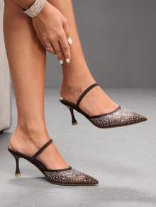 CUCCOO SZL Zapatos de tacón de malla con strass de color café con una sola correa, adecuados para ir al trabajo, citas, reuniones, fiestas de vacaciones, bodas y otras ocasiones - Café - Ver 5
