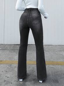 EURMUSE 女士高腰口袋喇叭休闲百搭牛仔裤 - 灰色 - 查看 2