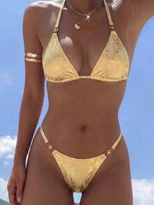 Swim Vcay 2026 Spring/Summer Triangle Cup Halter Neck Gold Foil Fabric Sunflower Metal Buckle Edge Ruffle High Cut Adjustable Sexy Bikini For Women, Suitable For Beach, Seaside And Pool - Gold - View 1