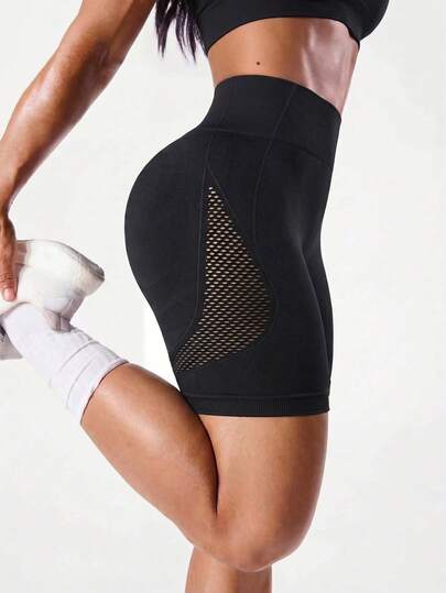 SHEIN Dewbera Solid Color Hollow Out High Waist Seamless Sports Shorts