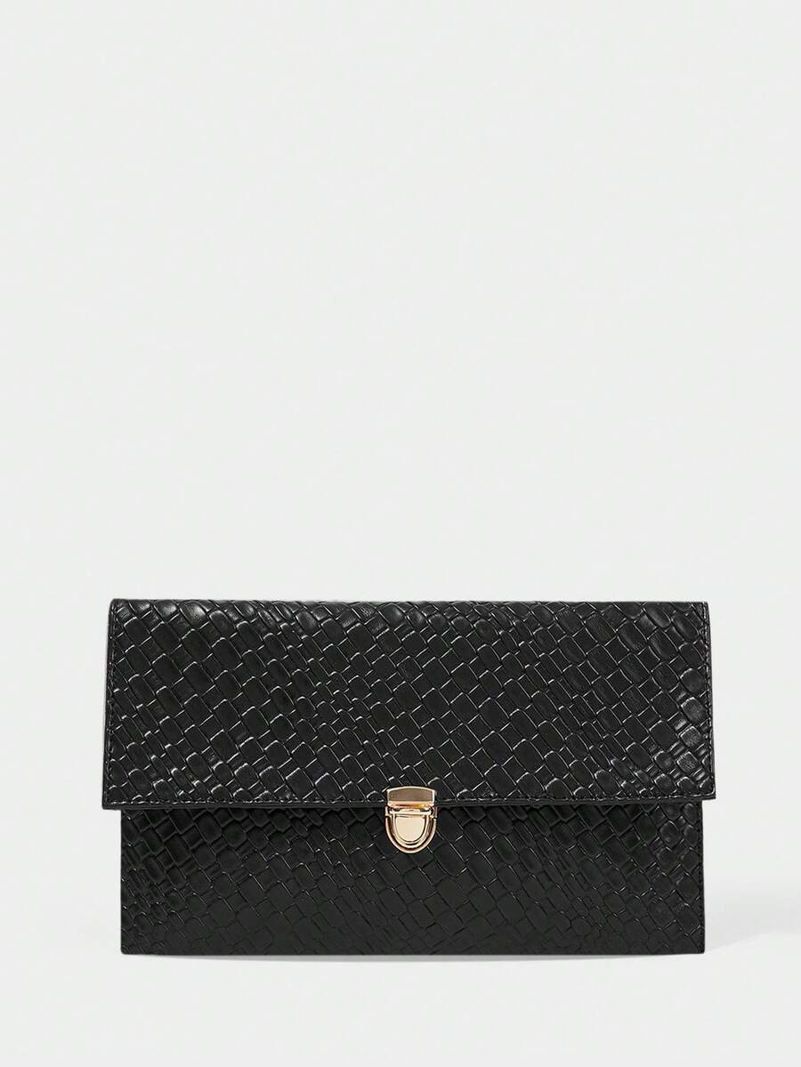 SHECARRY Ladies Fashionable Elegant Simple Classic Versatile Black Woven Embossed PU Clutch Bag Envelope Bag, For Daily Dating Party Commuter Afternoon Tea - Black braided - View 1