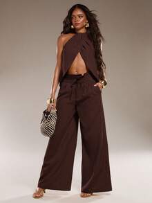 Normani Women's Solid Color Halter Neck Top With Slit Hem And Pants Fashion 2 Pieces Set Beach Vacation Dark Brown Summer Sexy European Tropical - Rust Brown - View 6