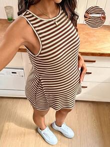 SHEIN 孕婦夏季休閒條紋側開衩背心與短褲兩件套 - 咖啡棕 - 查看 9