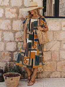 EMERY ROSE Women's Summer Casual Geometric Print Round Neck Short Sleeve Mid-Length Dress Vacation Dress,Boho Clothes Women - Orange - View 3
