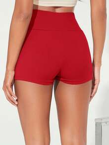 SHEIN BASICS 女款紅色寬腰帶彈性纖維單車短褲 夏季女用 - 紅色 - 查看 3