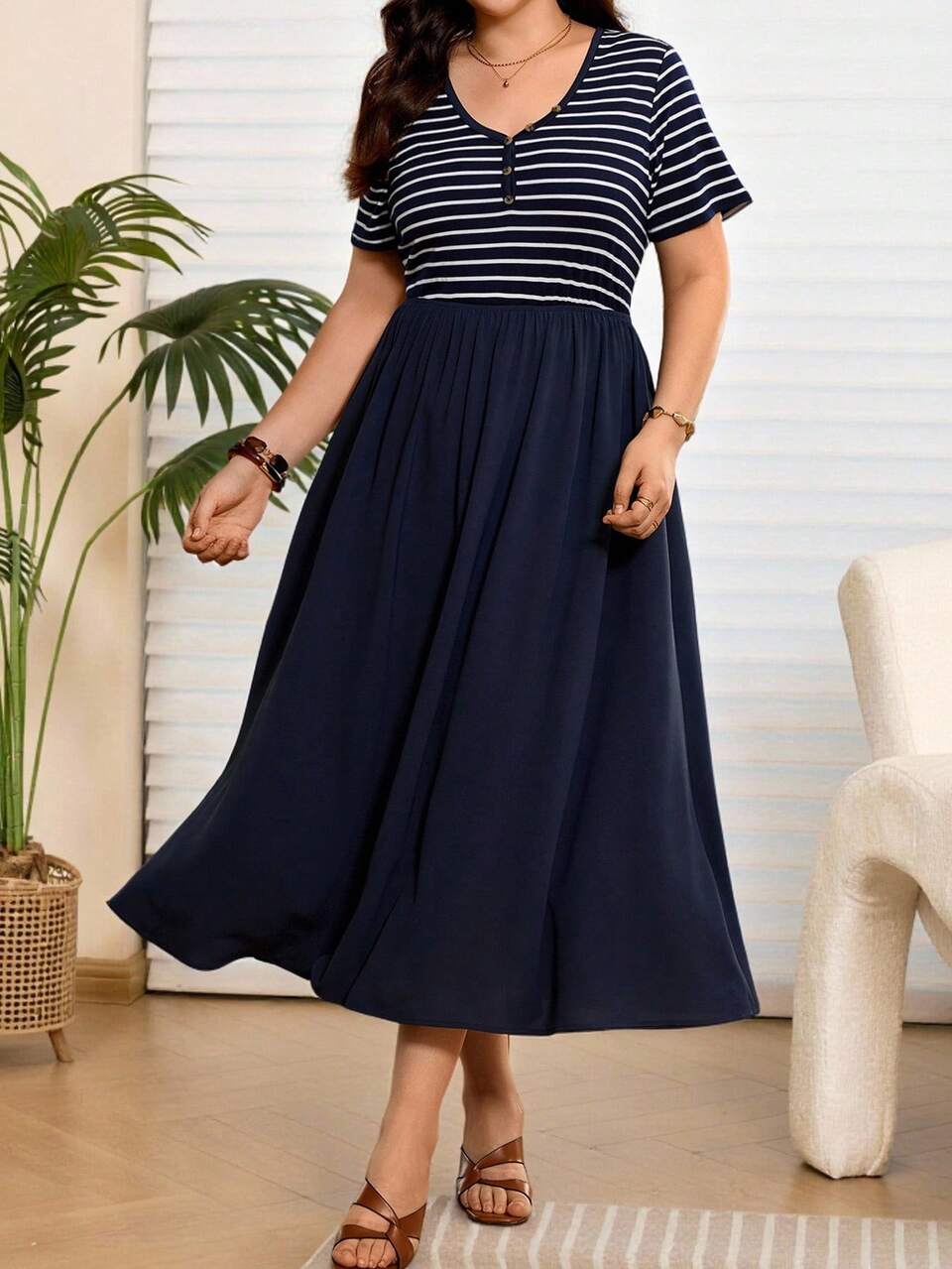 Plus Size Women's Summer Casual Vacation Navy Blue Striped Patchwork Long Dress With Pockets,Flowy Dress,Bussines Back To School,Fall,Daily