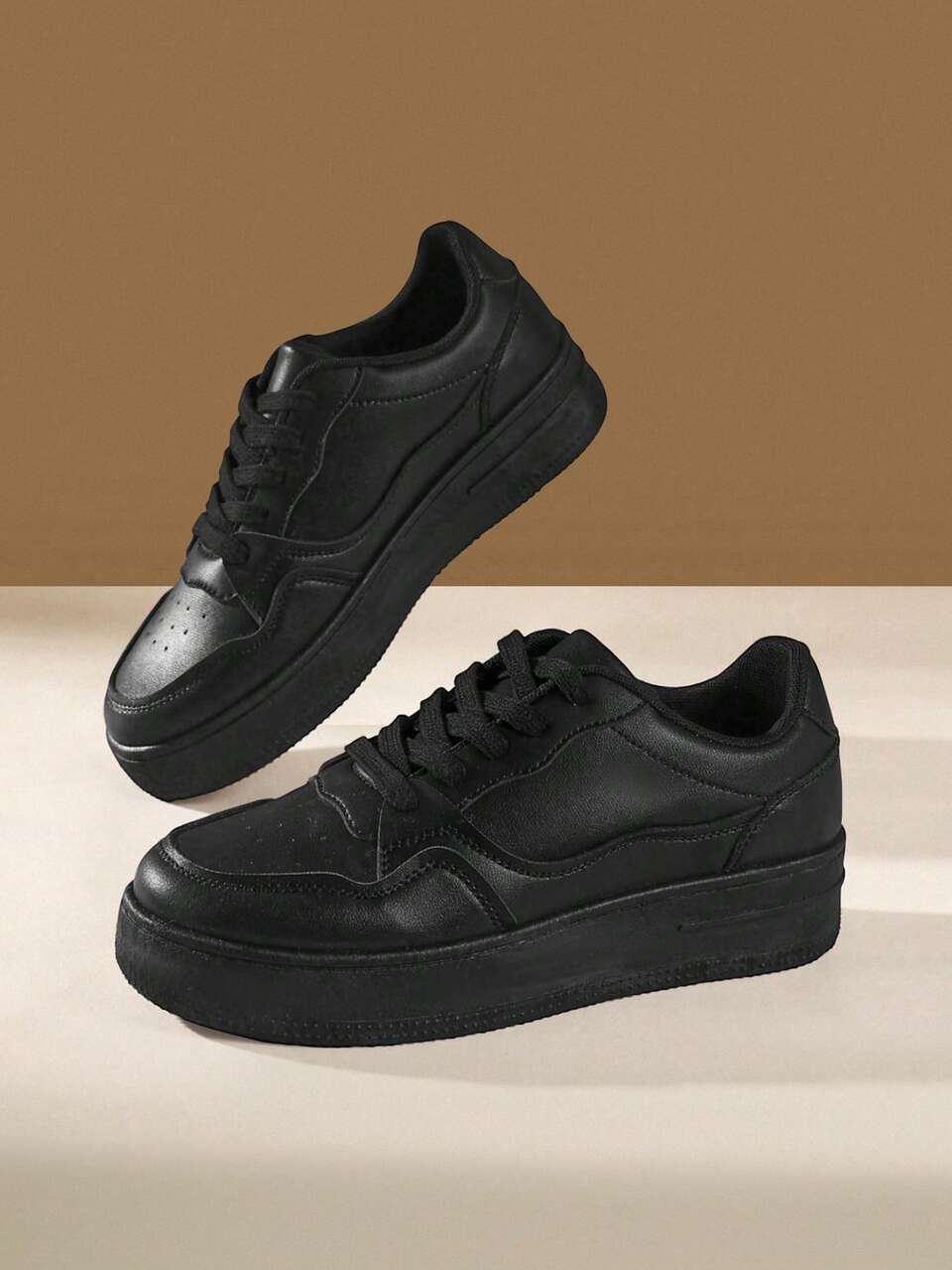 CUCCOO EASI Women's Thick-Soled Round Head Black Front Lace-Up Flat-Soled Sneakers Daily Wear Fashionable Spring And Autumn New Simple Casual Little White Shoes