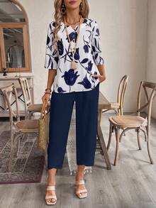 EMERY ROSE Bộ đồ áo sơ mi họa tiết hoa và quần dài đến mắt cá chân cho nữ - Màu xanh hải quân - Xem 6