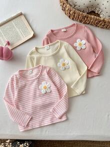 SHEIN 幼兒女童 3 件組柔軟羅紋長袖上衣，休閒基礎圓領上衣 - 彩色 - 查看 4