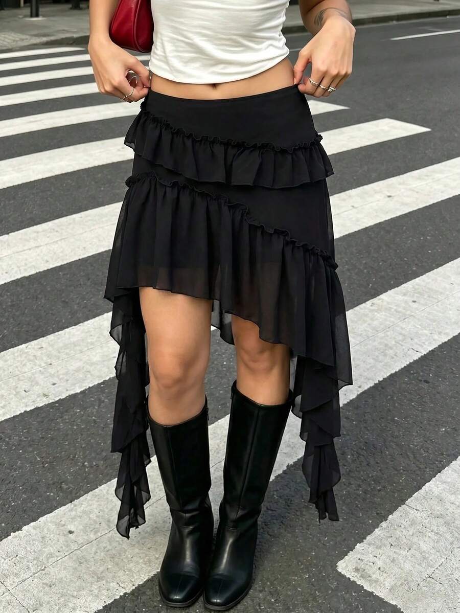 SHEIN MOD 大码女式不对称荷叶边下摆半身裙 - 黑色 - 查看 1