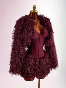 Amplova Women's Cropped Shawl Collar Wool Blend Top, Sexy Avant-Garde Mini Jacket, Suitable For Autumn/Winter Party And Date Outfits - Red - View 1