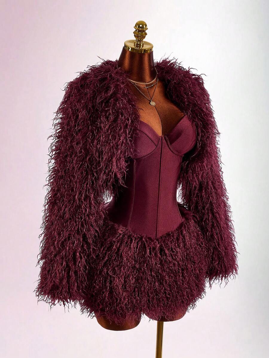 Amplova Women's Cropped Shawl Collar Wool Blend Top, Sexy Avant-Garde Mini Jacket, Suitable For Autumn/Winter Party And Date Outfits - Red - View 1