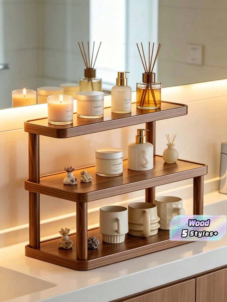 1‑Pack Vintage Solid Wood Desktop Storage Rack, Retro Multi‑Layer Cosmetic Organizer, Multipurpose Home Shelf. Suitable For Storing Kitchen Condiments, Water Cups, Mugs And Coffee Cups.