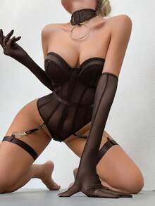 SHEIN 5件裝黑色優雅性感女款連身內衣 - 咖啡棕 - 查看 1