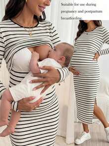 SHEIN Maternity Striped Side Slit Nursing Dress - Black and White - View 1