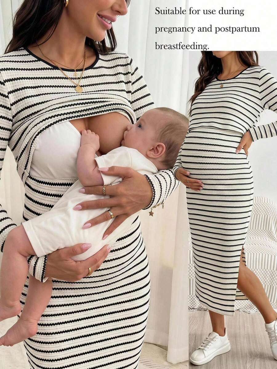 SHEIN Maternity Striped Side Slit Nursing Dress - Black and White - View 1