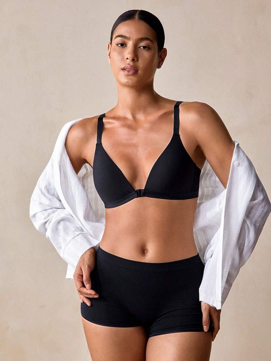 Veilyse 1pc Women's V-Neck Comfortable Wireless Front Closure Soft Cup Cotton Solid Color Bra With Adjustable Straps - Black - View 1