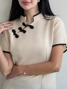 Yasmeen Edit Yasmeen Edit Apricot New Chinese Style Button Collar Short Sleeve Waist Cinched Spring/Summer New Women Shirt - Apricot - View 4