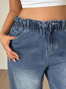 Livesso Curve Celana Pendek Denim Biru Pudar dengan Pinggang Semi Elastis, Potongan Lebar dan Lipatan di Bagian Bawah, Cocok untuk Musim Panas. - Medium Wash - View 5