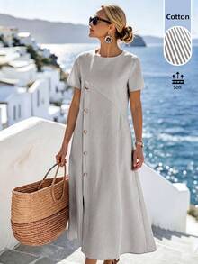 SHEIN Holidaya 女款春夏棉質條紋圓領寬鬆A字長洋裝，休閒寬大度假風黑白波希米亞風格，適合戶外正式外出穿著 - 灰色 - 查看 4