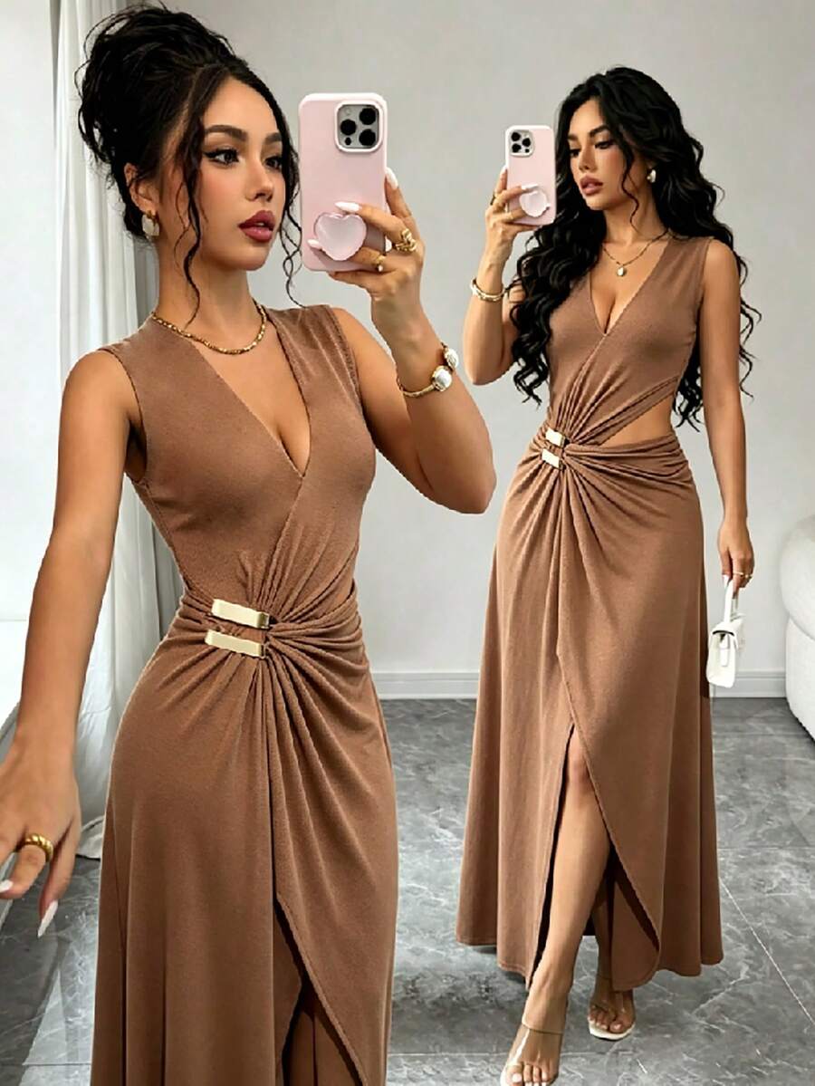 SHEIN Raffinéa 女款長洋裝 V 領性感金屬裝飾長裙 - 咖啡 - 查看 1