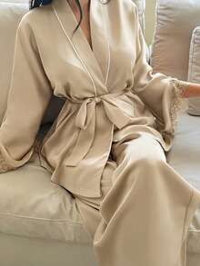 DAZY 2pcs Elegant Contrast Color Lace Trim Sleeve Decor Women's Sleepwear Set, Summer Pajamas - Beige - View 4
