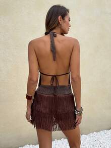Allurite Conjunto de Top Halter con Flecos Brillantes Marrón y Minifalda, Atuendo de 2 Piezas para Fiesta para Mujer - Café integral - Ver 2