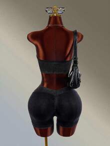 Amplova Ensemble de sport pour femmes avec top bandeau et short à design de patch métallique - Noir - Voir 6