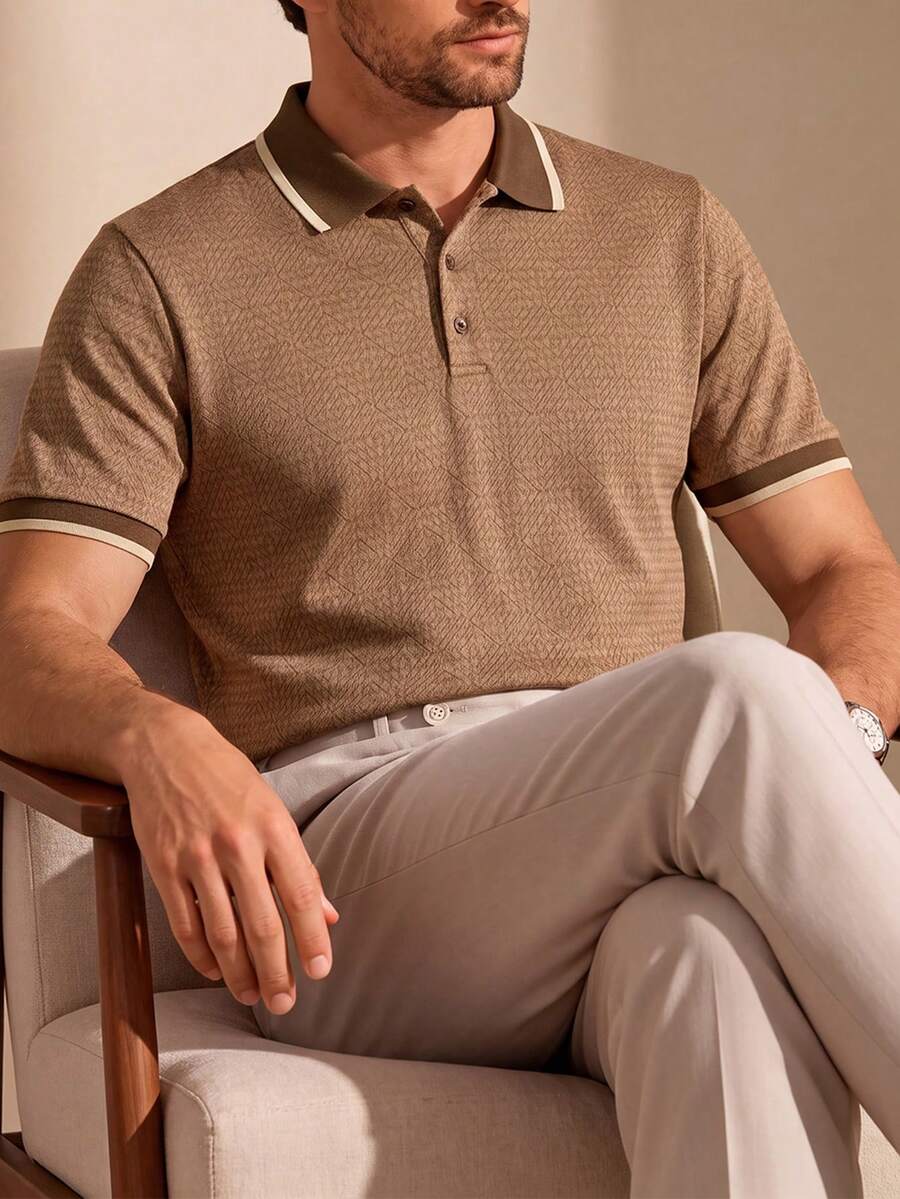Core Aspect Men's Business Button Half-Placket Short Sleeve Polo Shirt, Ceremony - Brown - View 1